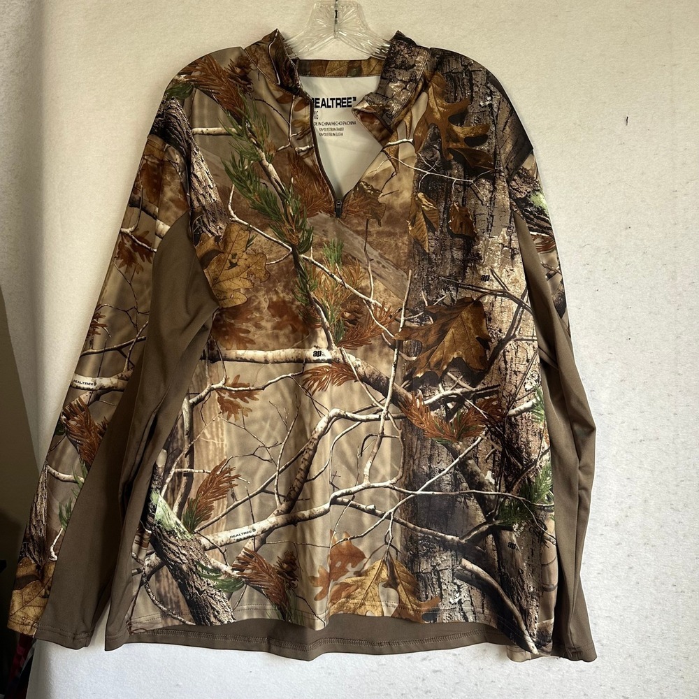 Realtree Mens XL Camo Quarter Zip Performance Shirt Long Sleeve Brown Hunting
